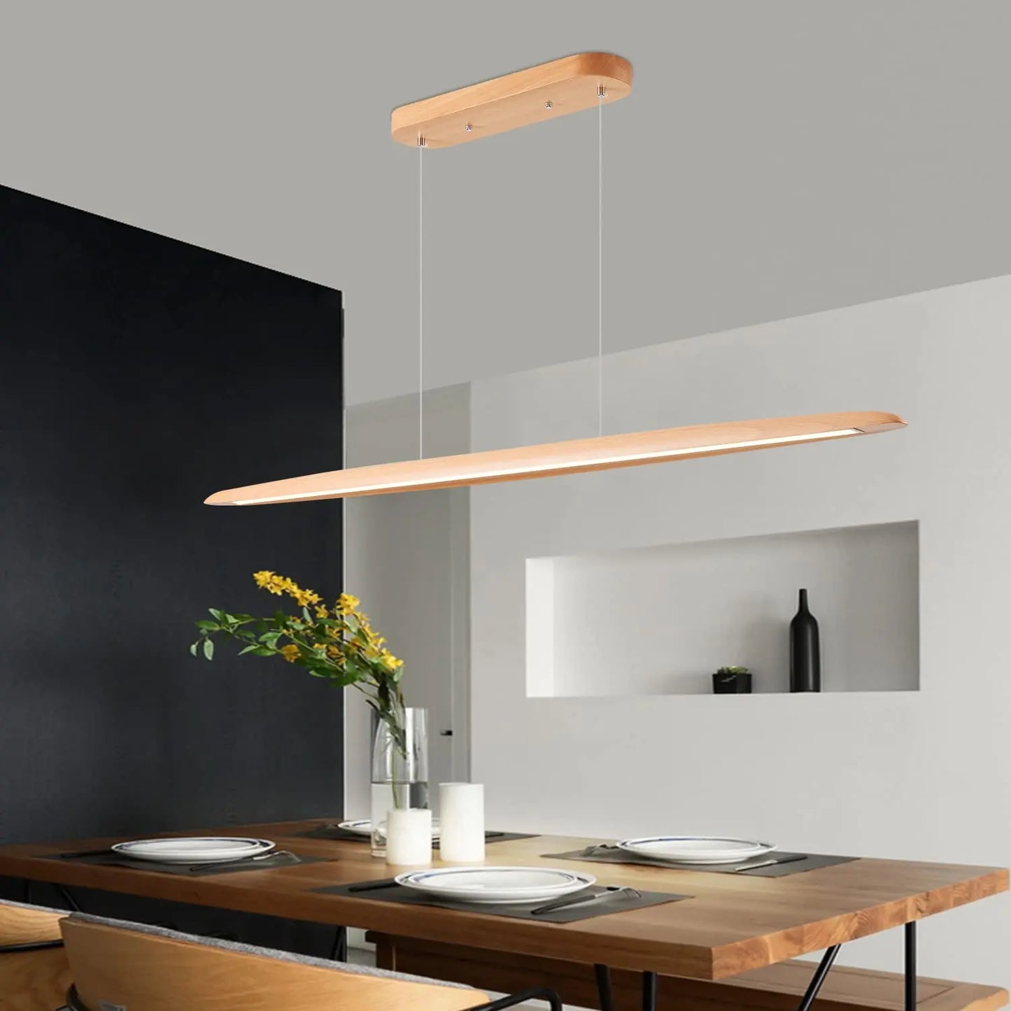 39" Wood Linear Pendant Light LED Dimmable Hanging Light Fixture Dinning Room Light Island Lights 24w for Dining Room Kitchen Island Bar Walnut Color The Luxe Loft