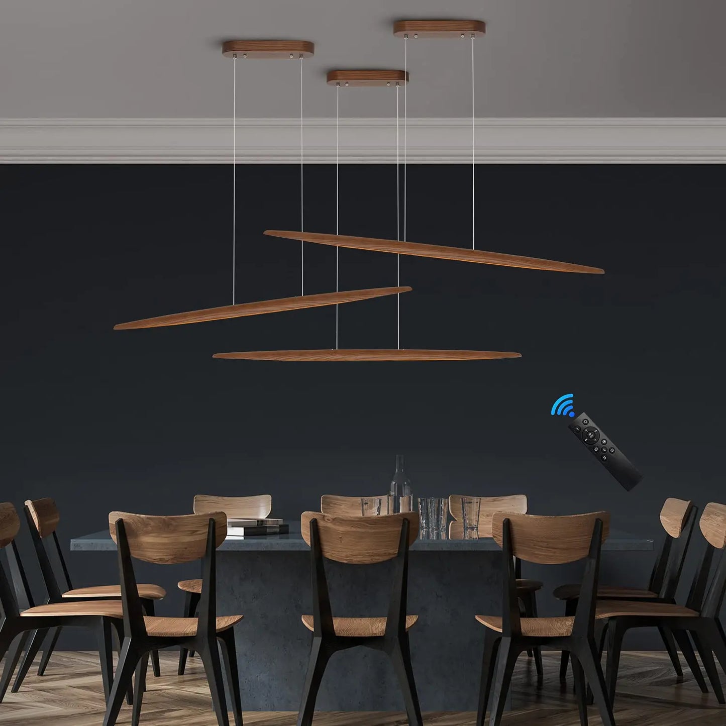 39" Wood Linear Pendant Light LED Dimmable Hanging Light Fixture Dinning Room Light Island Lights 24w for Dining Room Kitchen Island Bar Walnut Color The Luxe Loft