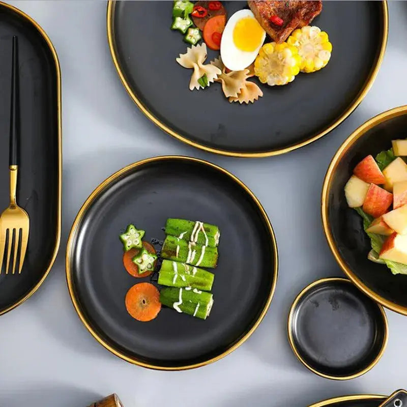 Gilt Rim Black Porcelain Dinner Set theluxeloft