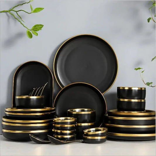 Gilt Rim Black Porcelain Dinner Set theluxeloft