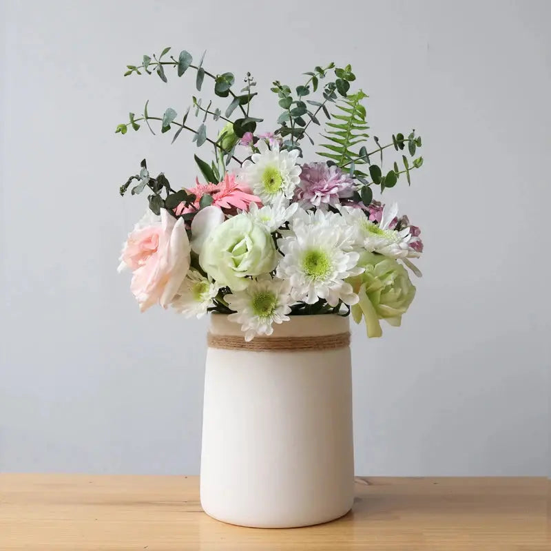 White Ceramic Matte Vase with Hemp Rope theluxeloft