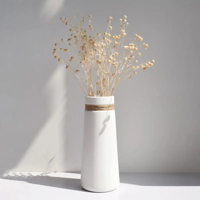 White Ceramic Matte Vase with Hemp Rope theluxeloft