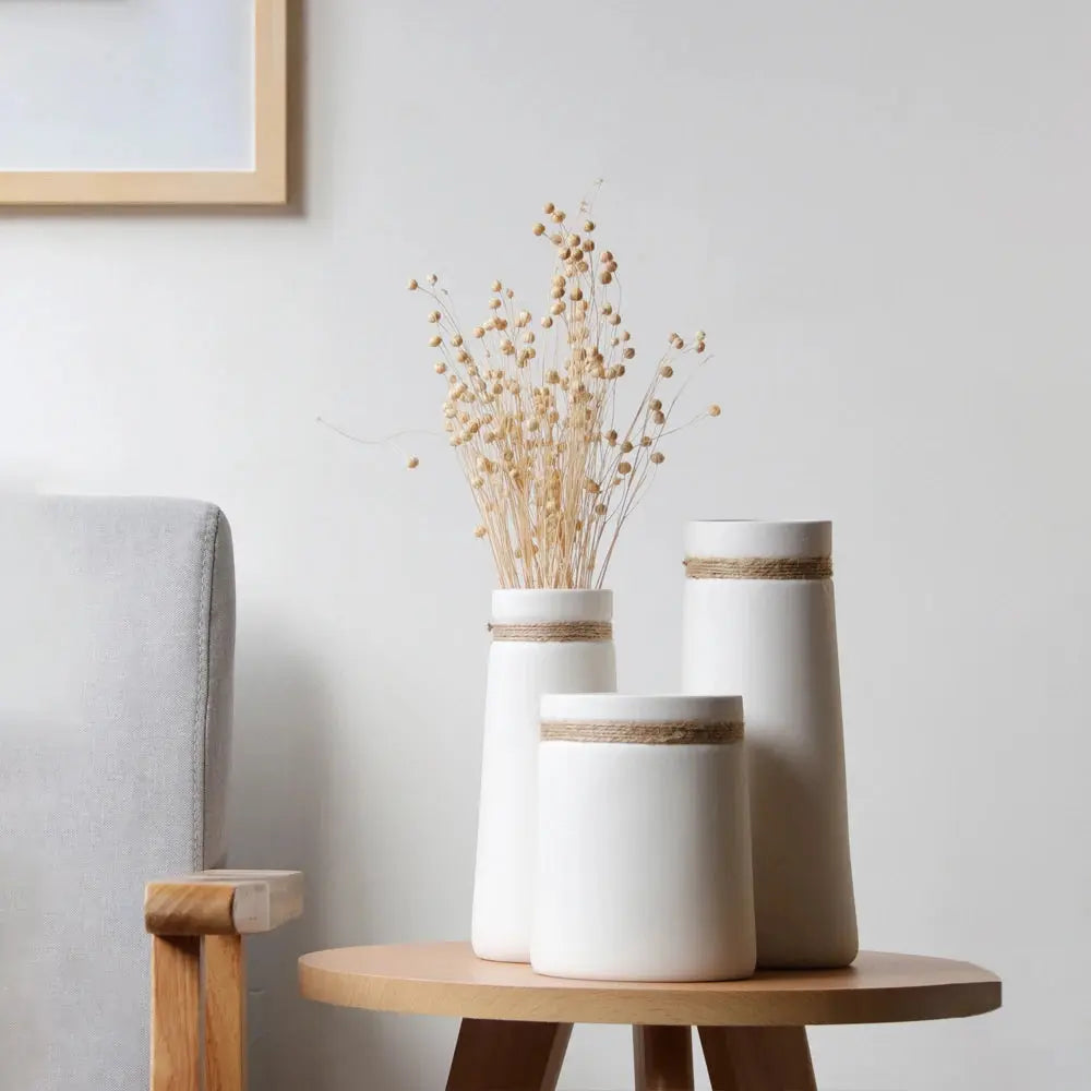 White Ceramic Matte Vase with Hemp Rope theluxeloft