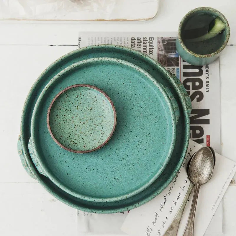 Japanese Green Color Retro Handmade Ceramic Plate theluxeloft