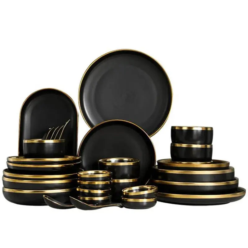 Gilt Rim Black Porcelain Dinner Set theluxeloft