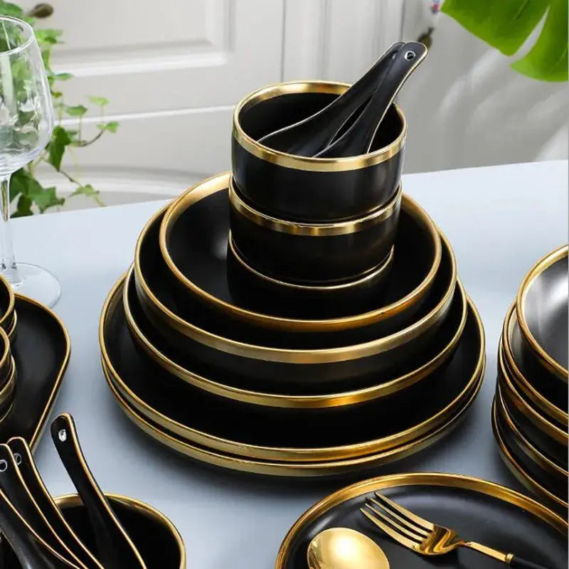 Gilt Rim Black Porcelain Dinner Set theluxeloft