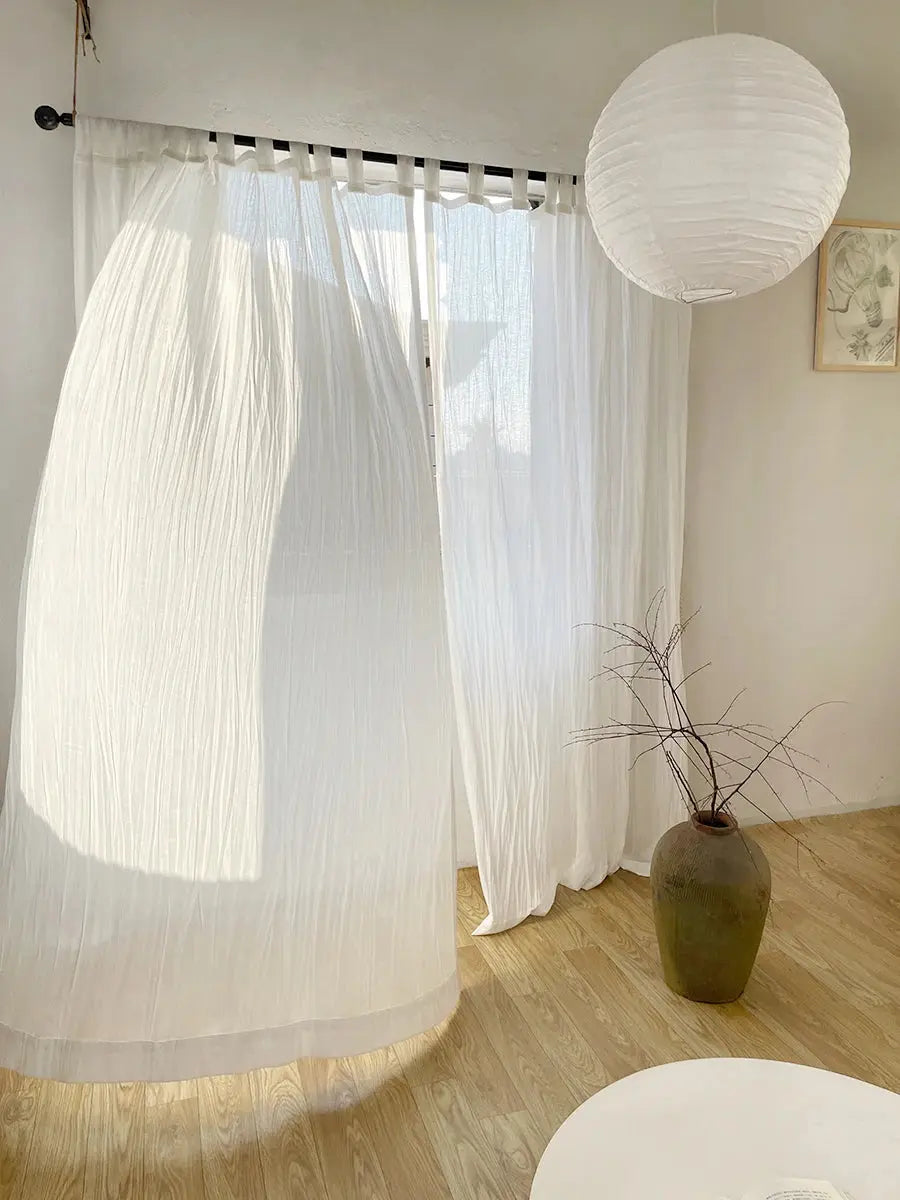 Natural Cotton Linen White Translucent Curtains for Living Room,High-end Wrinkled Gauze Curtains for Bedroom, Suspenders Top The Luxe Loft