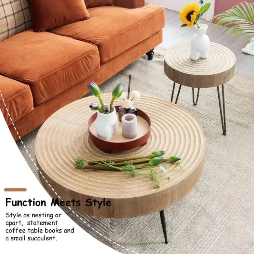 Modern Farmhouse Living Room Coffee Table Set, Nesting Table Round Natural Finish with Handcrafted Wood Ring Motif, The Luxe Loft