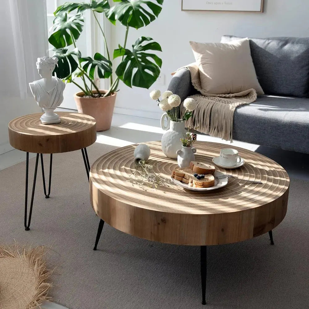 Modern Farmhouse Living Room Coffee Table Set, Nesting Table Round Natural Finish with Handcrafted Wood Ring Motif, The Luxe Loft