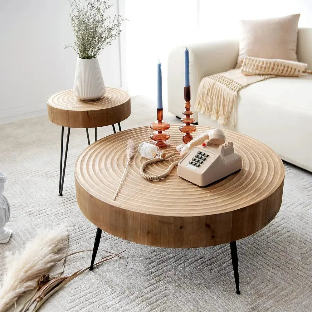 Modern Farmhouse Living Room Coffee Table Set, Nesting Table Round Natural Finish with Handcrafted Wood Ring Motif, The Luxe Loft