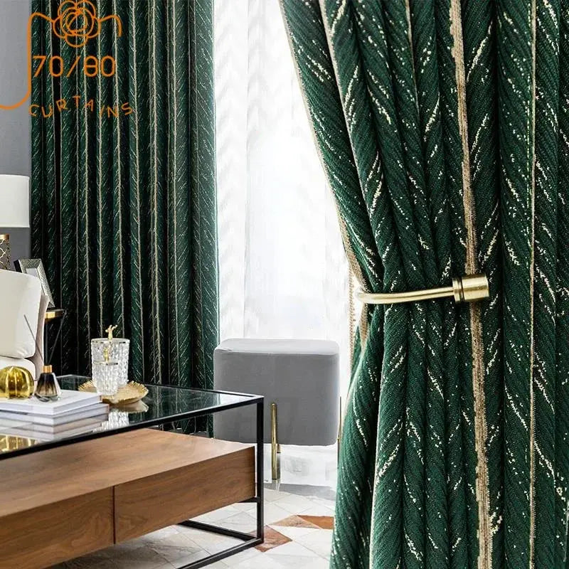 Nordic Dark Green Fishbone Striped Jacquard Curtain The Luxe Loft