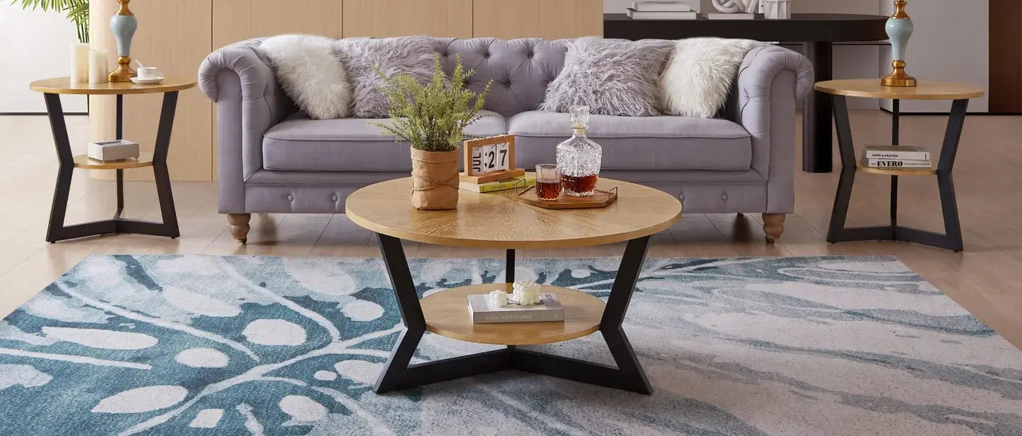 Round Wood Coffee Table for Living Room, 2-Tier Rustic Circle Coffee Table with Storage, Solid Natural Coffee Table with Metal L The Luxe Loft