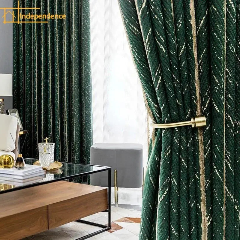 Nordic Dark Green Fishbone Striped Jacquard Curtain The Luxe Loft