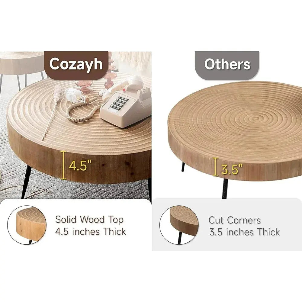 Modern Farmhouse Living Room Coffee Table Set, Nesting Table Round Natural Finish with Handcrafted Wood Ring Motif, The Luxe Loft