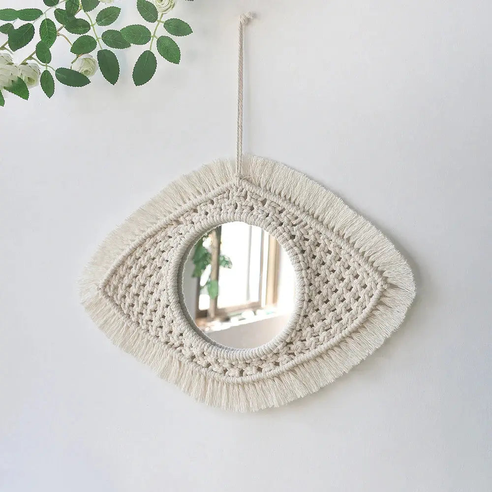 Hanging Wall Decorative Mirror With Macrame Fringe theluxeloft