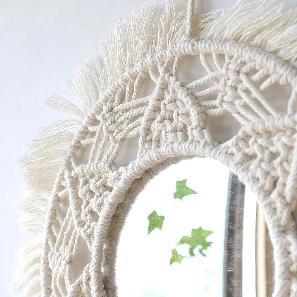 Hanging Wall Decorative Mirror With Macrame Fringe theluxeloft